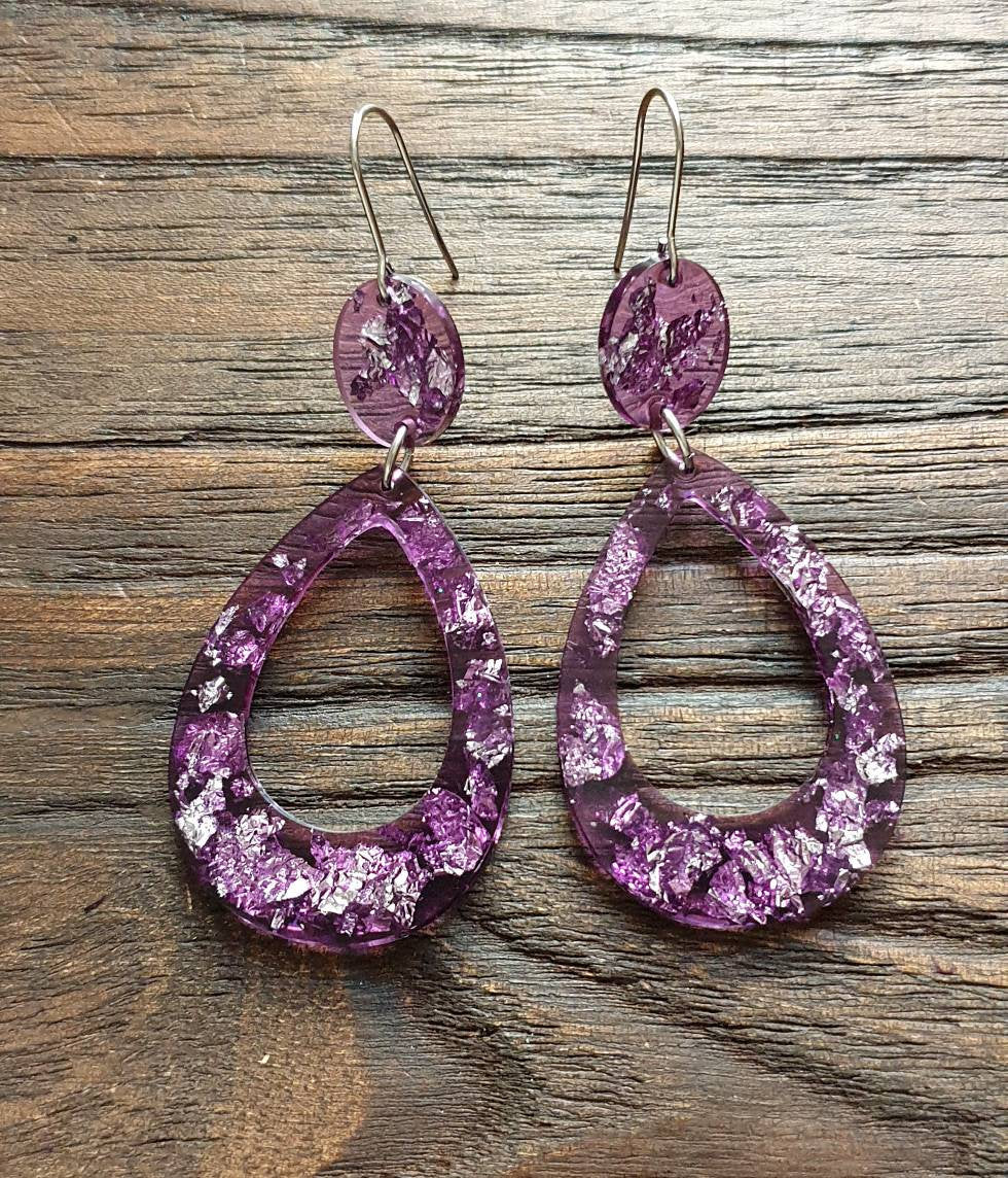 Large Teardrop Long Dangle Earrings, Purple Silver Leaf Resin Dangle Statement Earrings