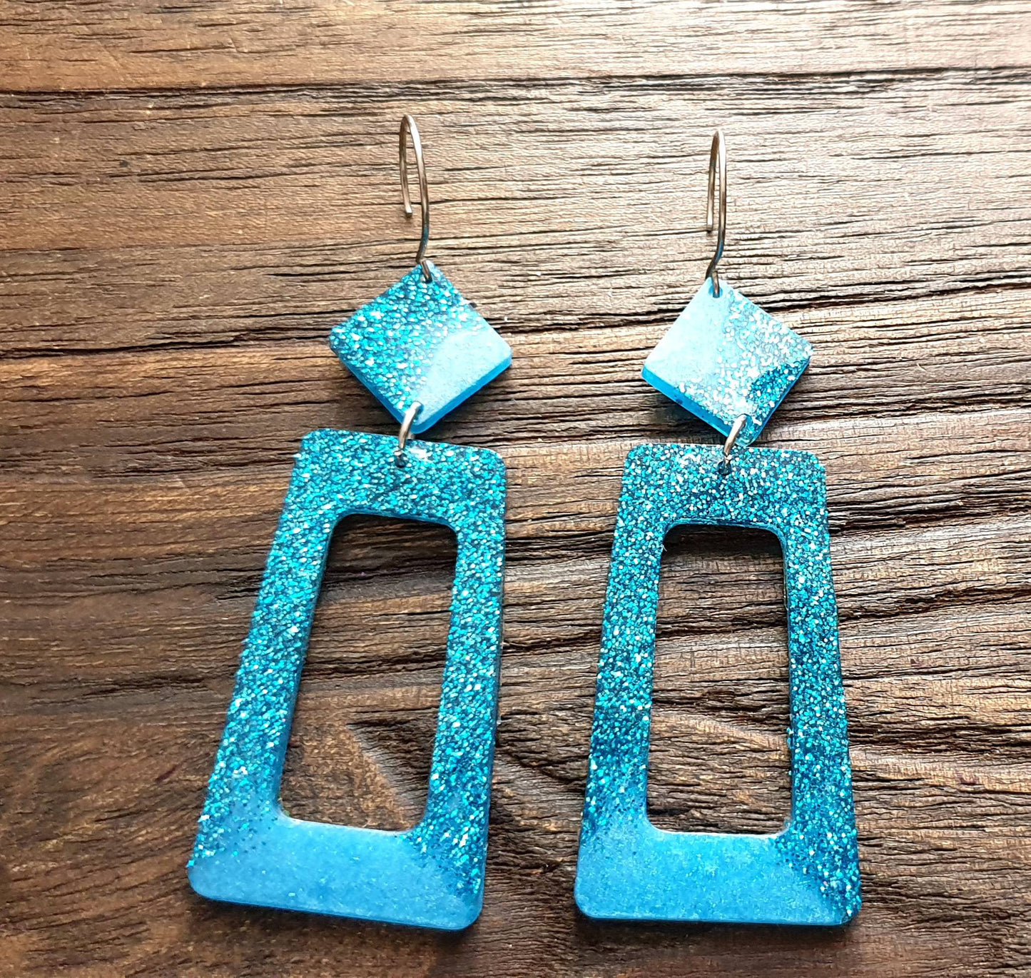 Rectangle Long Dangle Earrings, Two Tone Blue Glitter Resin Dangle Statement Earrings