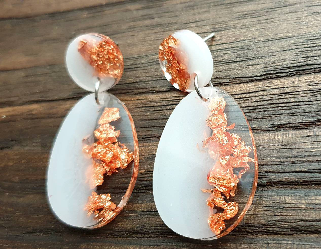 Statement Oval Long Resin Earrings, White Rose Gold Leaf Resin Earrings, Stainless Steel Earrings, Bridesmaid Earrings, Bride Earrings