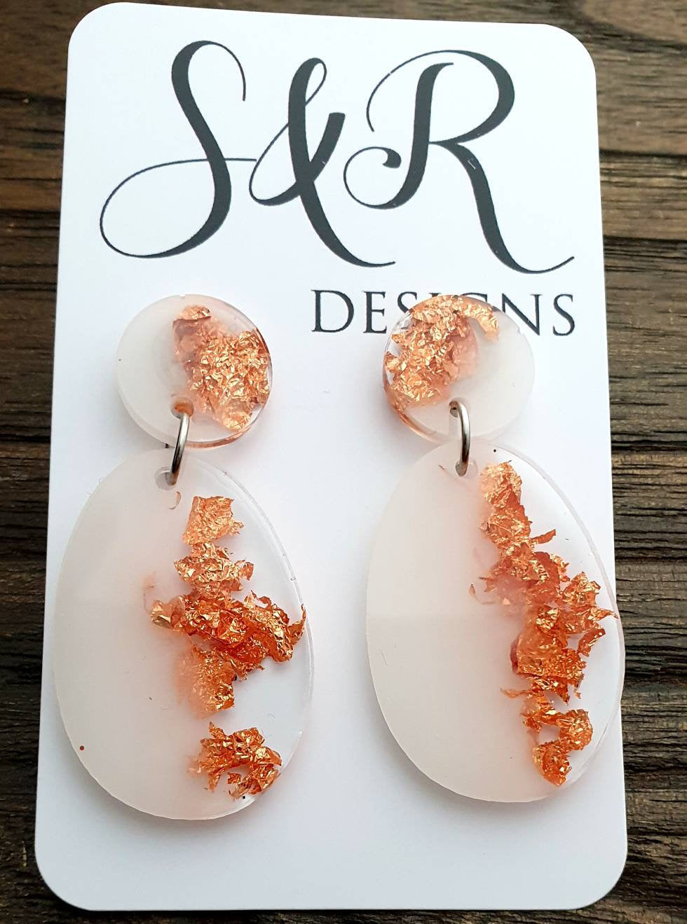Statement Oval Long Resin Earrings, White Rose Gold Leaf Resin Earrings, Stainless Steel Earrings, Bridesmaid Earrings, Bride Earrings