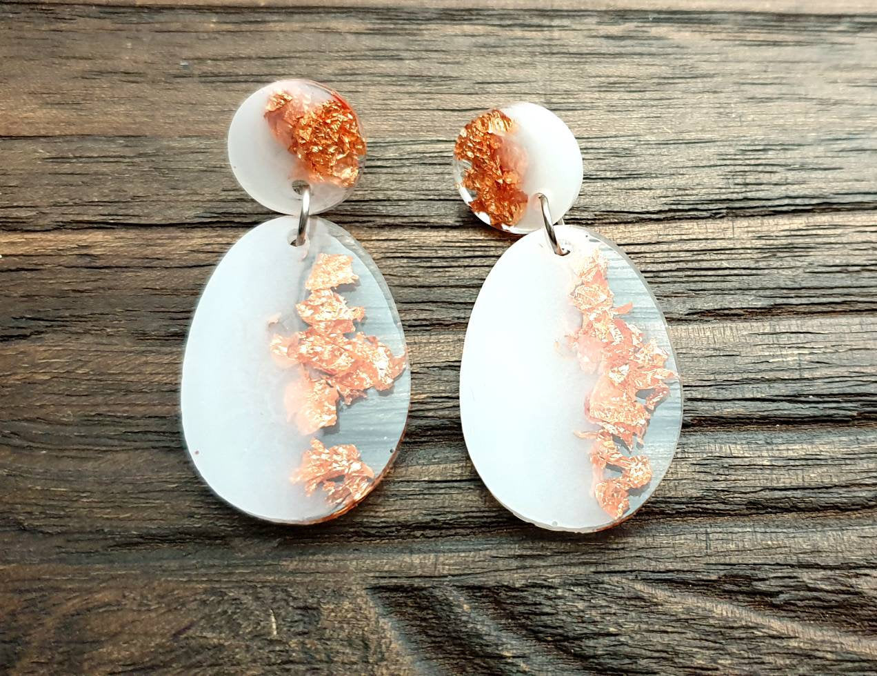 Statement Oval Long Resin Earrings, White Rose Gold Leaf Resin Earrings, Stainless Steel Earrings, Bridesmaid Earrings, Bride Earrings