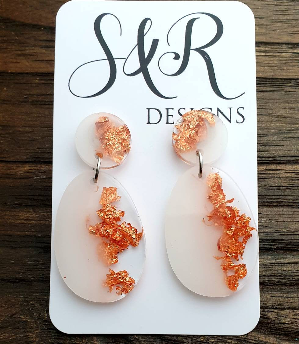 Statement Oval Long Resin Earrings, White Rose Gold Leaf Resin Earrings, Stainless Steel Earrings, Bridesmaid Earrings, Bride Earrings