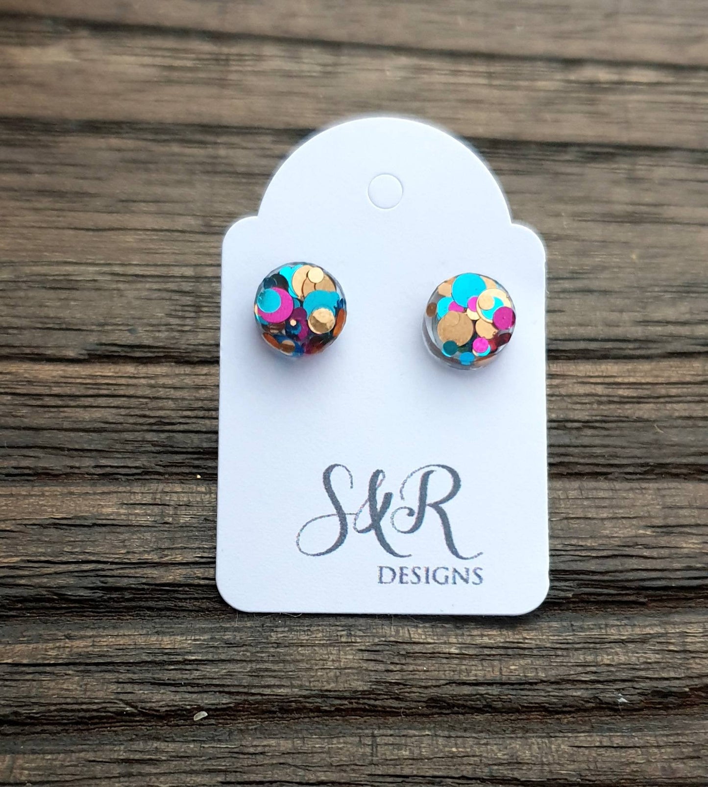 Circle Dot Resin Stud Earrings, Aqua Pink Rose Gold Glitter Earrings. Stainless Steel Stud Earrings. 10mm or 8mm