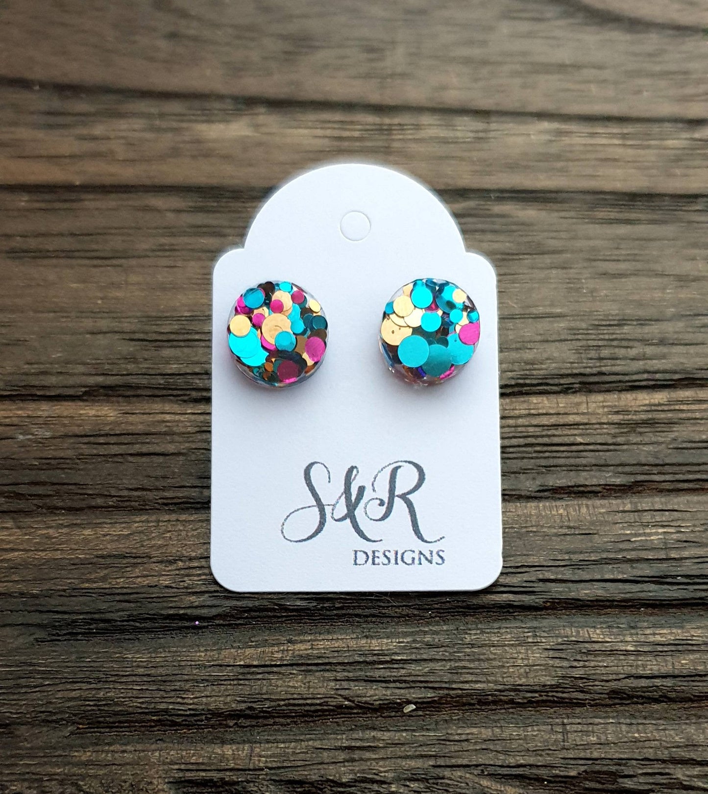 Circle Dot Resin Stud Earrings, Aqua Pink Rose Gold Glitter Earrings. Stainless Steel Stud Earrings. 10mm or 8mm