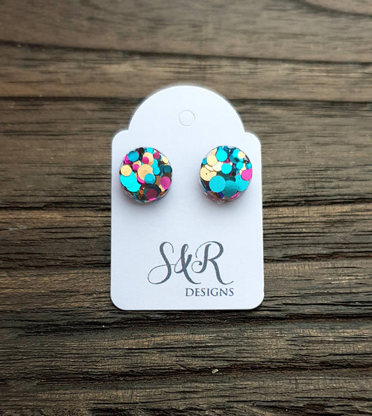 Circle Dot Resin Stud Earrings, Aqua Pink Rose Gold Glitter Earrings. Stainless Steel Stud Earrings. 10mm or 8mm