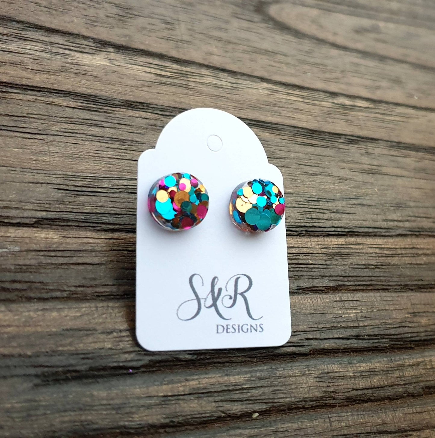 Circle Dot Resin Stud Earrings, Aqua Pink Rose Gold Glitter Earrings. Stainless Steel Stud Earrings. 10mm or 8mm