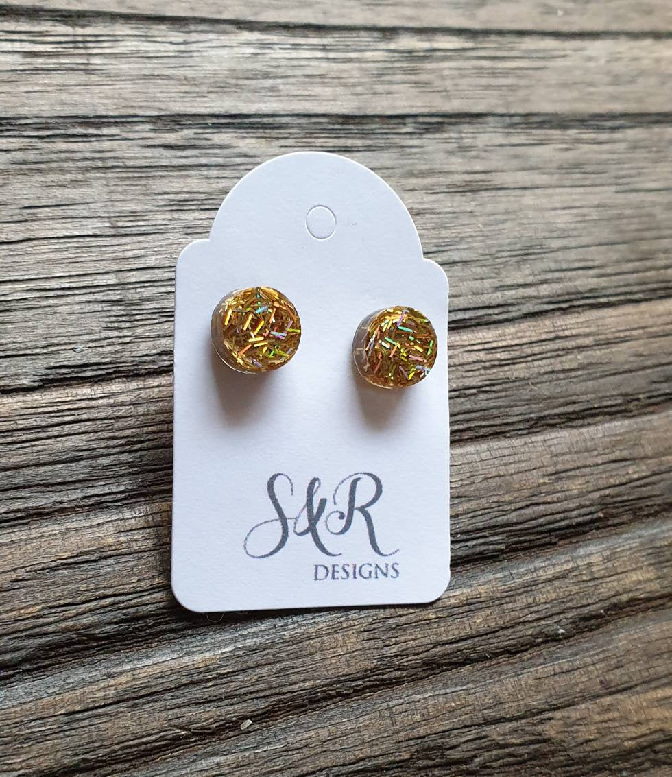 Circle Dot Resin Stud Earrings, Gold Holographic Glitter Earrings. Stainless Steel Stud Earrings. 10mm or 8mm