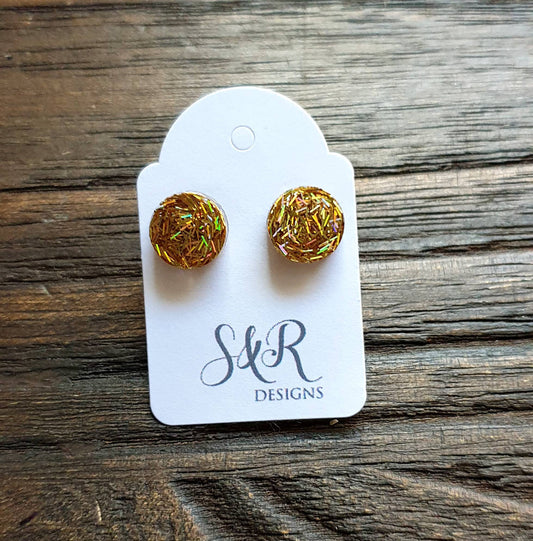 Circle Dot Resin Stud Earrings, Gold Holographic Glitter Earrings. Stainless Steel Stud Earrings. 10mm or 8mm