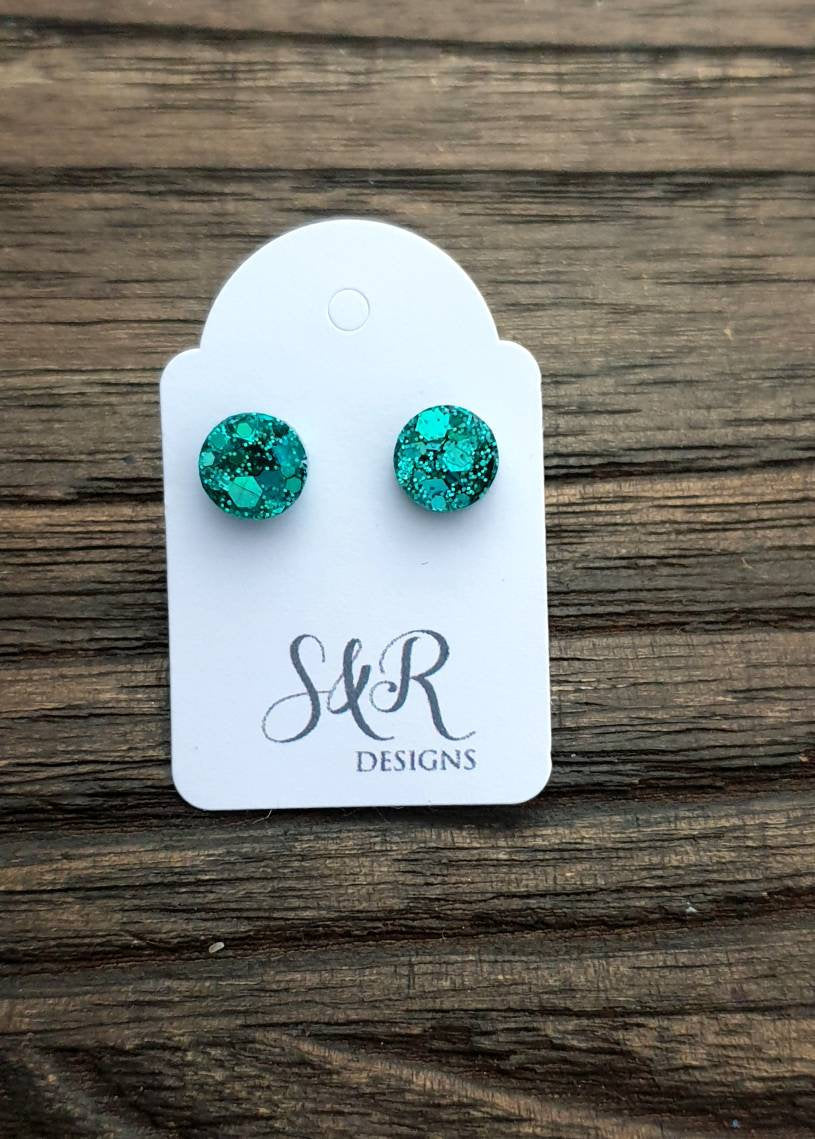 Circle Dot Resin Stud Earrings, Teal Glitter Earrings. Stainless Steel Stud Earrings. 10mm or 8mm