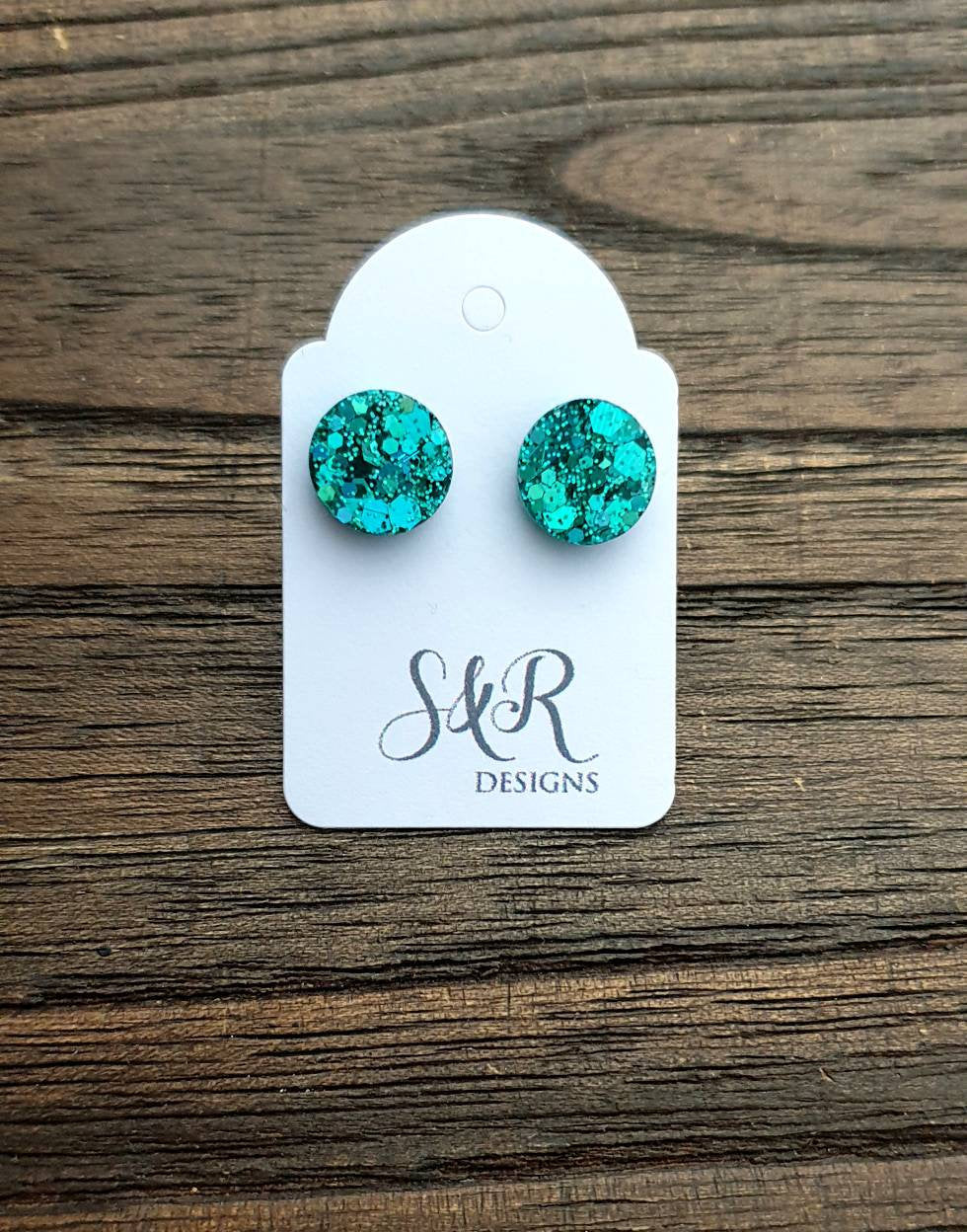 Circle Dot Resin Stud Earrings, Teal Glitter Earrings. Stainless Steel Stud Earrings. 10mm or 8mm