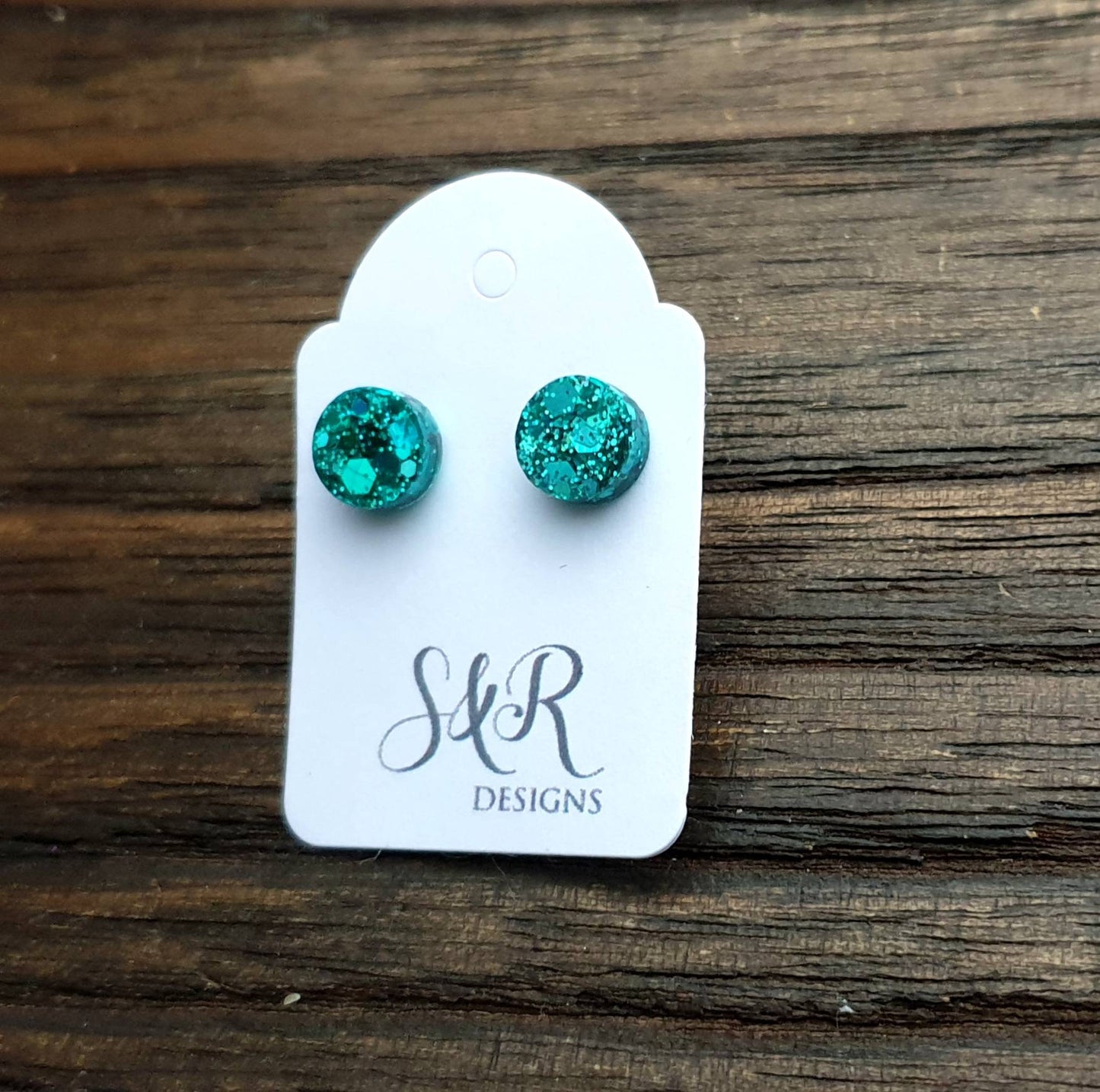 Circle Dot Resin Stud Earrings, Teal Glitter Earrings. Stainless Steel Stud Earrings. 10mm or 8mm