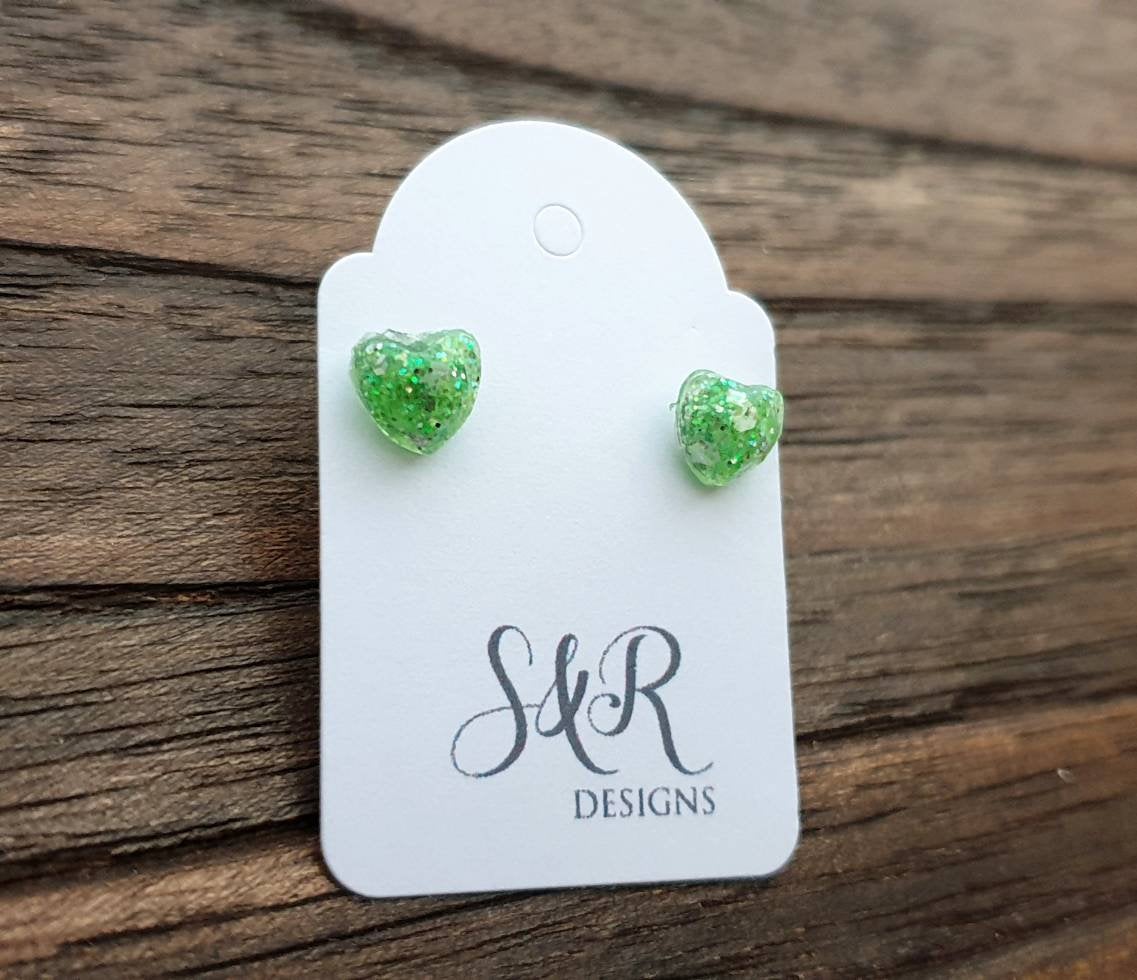 Mini Heart Resin Stud Earrings, Glitter Earrings, Green White Silver Glitter Earrings made with Stainless Steel. 6mm Minimalist Earrings