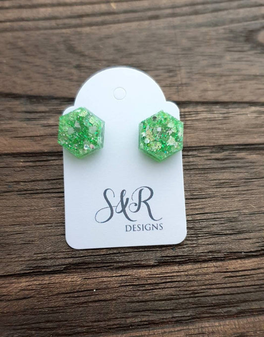 Hexagon Stud Earring, Green Silver White Resin Mix Stud Earrings. Stainless Steel Stud Earrings. 10mm