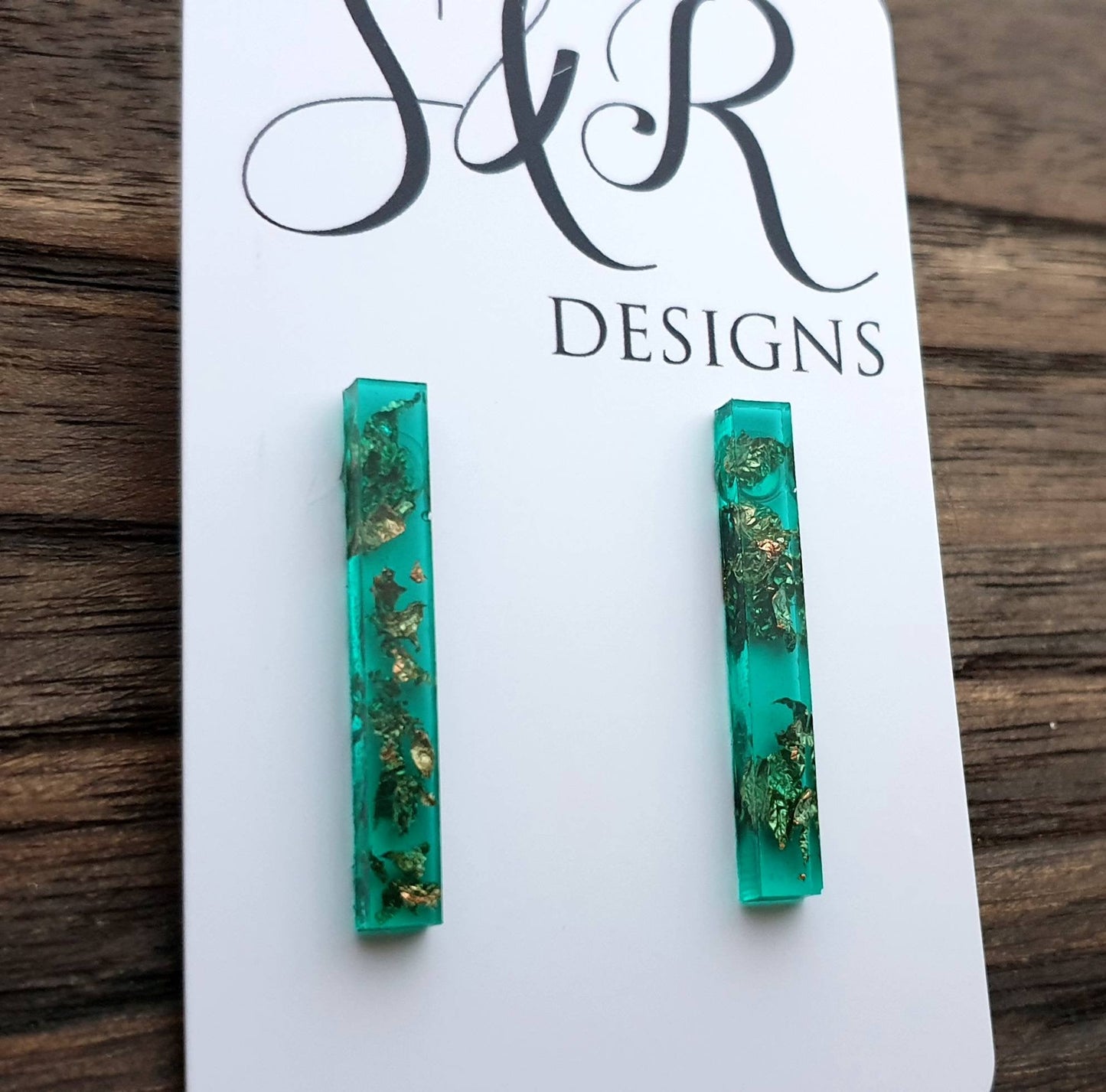 Long Bar Earrings, Emerald Green Rose Gold Leaf Earrings, Bar Resin Earrings, Stainless Steel Earrings, Statement Earrings