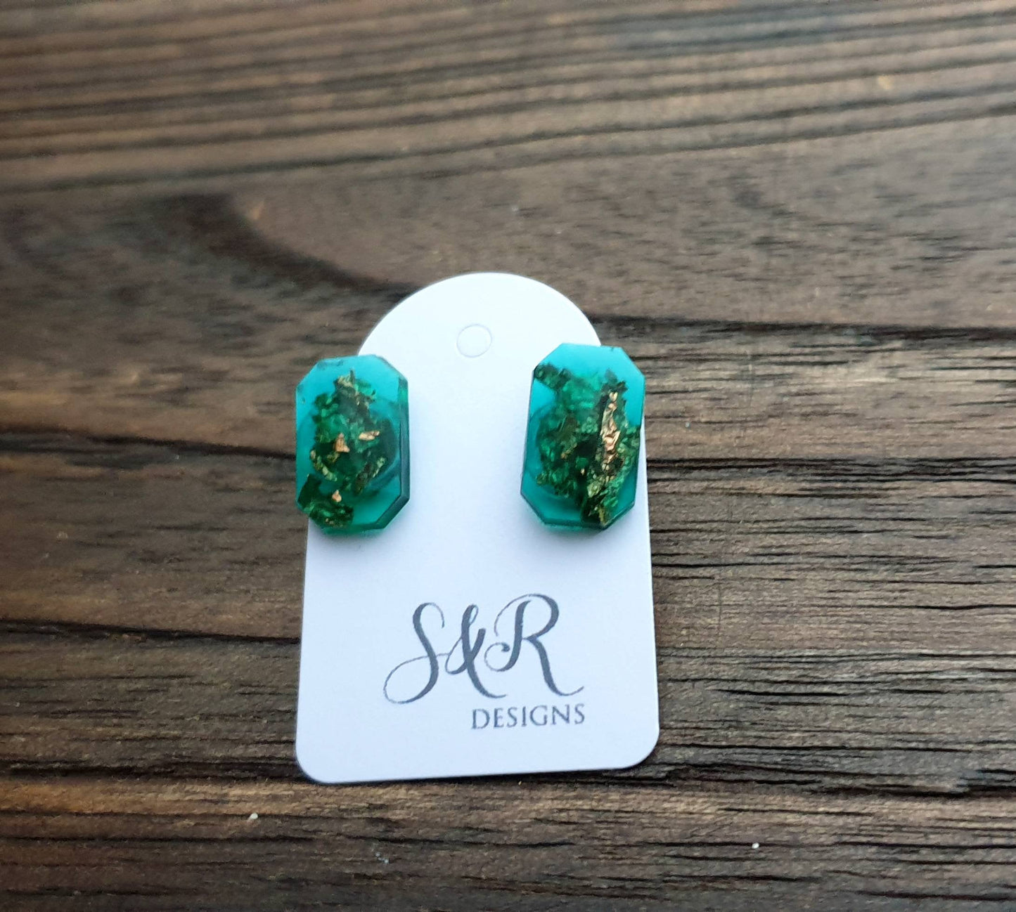 Emerald Cut Resin Stud Earrings, Emerald Green Rosegold Leaf Earrings, Earrings made with Stainless Steel. 15mm X 10mm Minimalist Studs