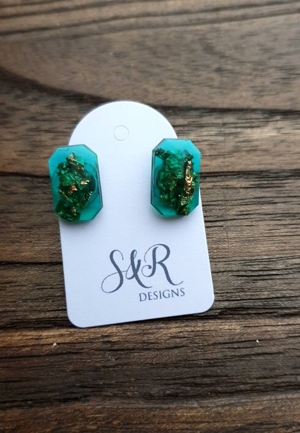 Emerald Cut Resin Stud Earrings, Emerald Green Rosegold Leaf Earrings, Earrings made with Stainless Steel. 15mm X 10mm Minimalist Studs
