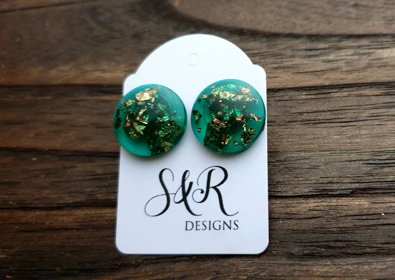 Circle Emerald Green Resin Rose Gold Leaf Stud Earrings 18mm