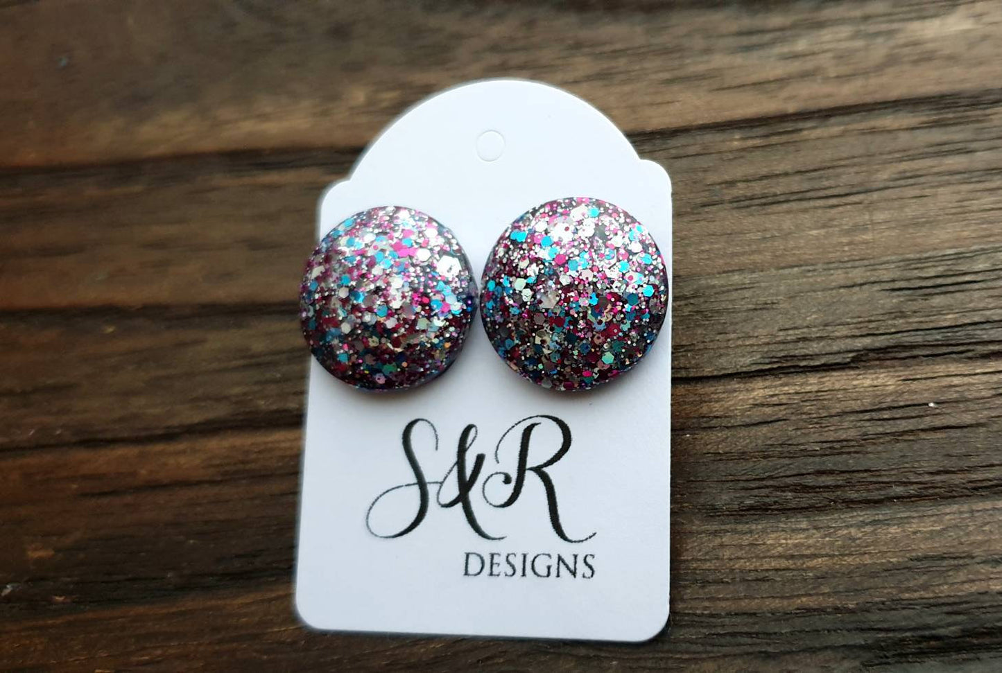 Circle Resin Stud Earrings, Aqua, Pink Silver Holographic Mix Glitter 18mm