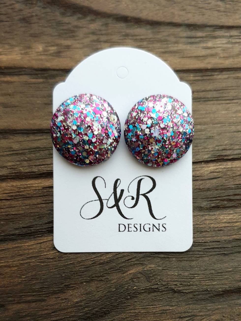 Circle Resin Stud Earrings, Aqua, Pink Silver Holographic Mix Glitter 18mm