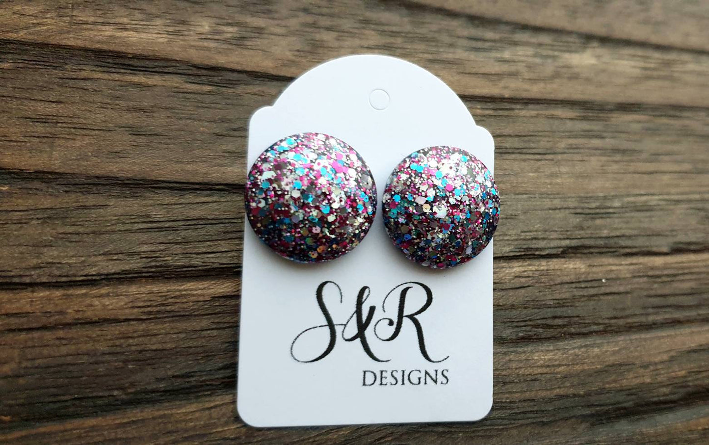 Circle Resin Stud Earrings, Aqua, Pink Silver Holographic Mix Glitter 18mm