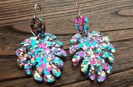 Large Monstera Leaf Long Dangle Earrings, Teal Rose Gold Pink Glitter Resin Dangle Statement Earrings