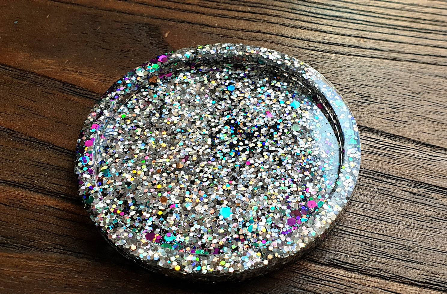 Resin Trinket Ring Dish, Coaster Silver Holographic Purple Teal Glitter Mix