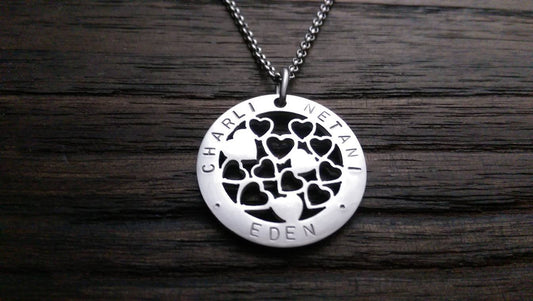 Hand Stamped Personalised Circle Necklace Multi Hearts  Design 30mm Silver Necklace