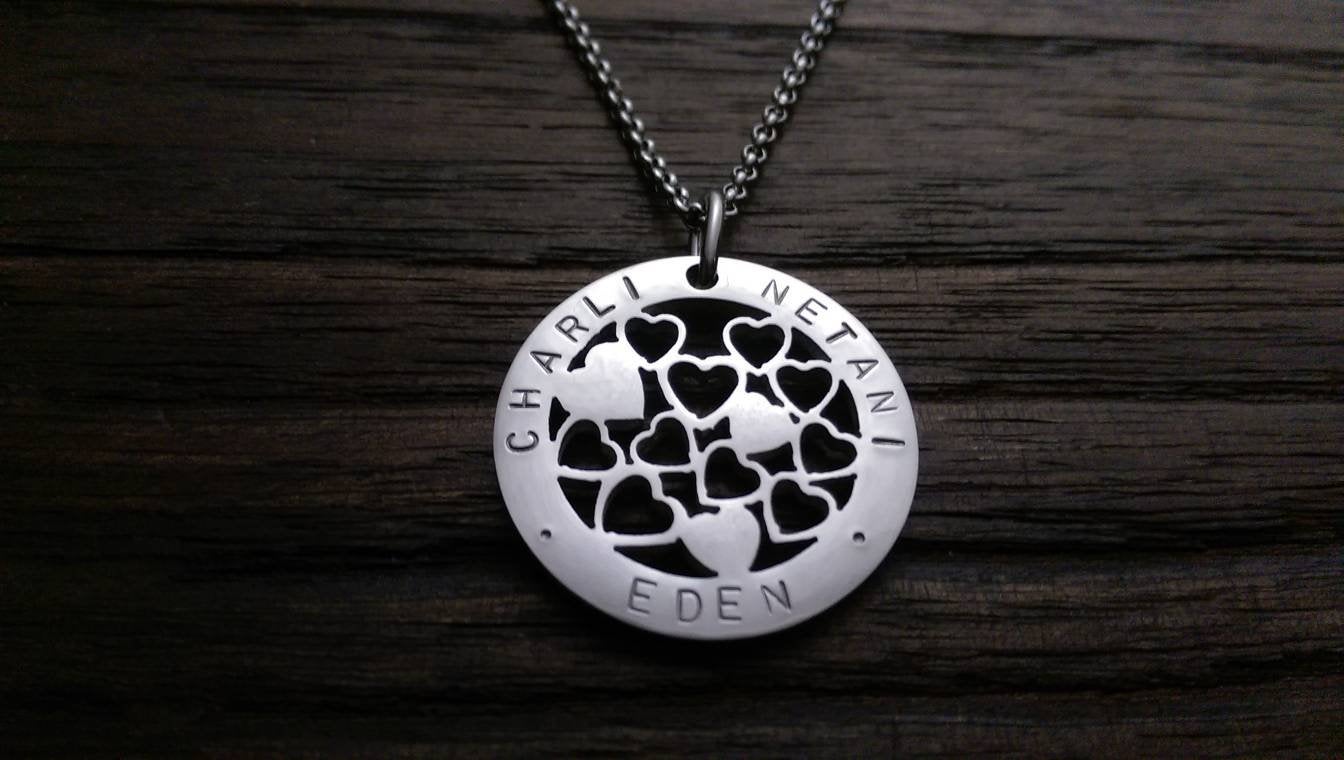 Hand Stamped Personalised Circle Necklace Multi Hearts  Design 30mm Silver Necklace