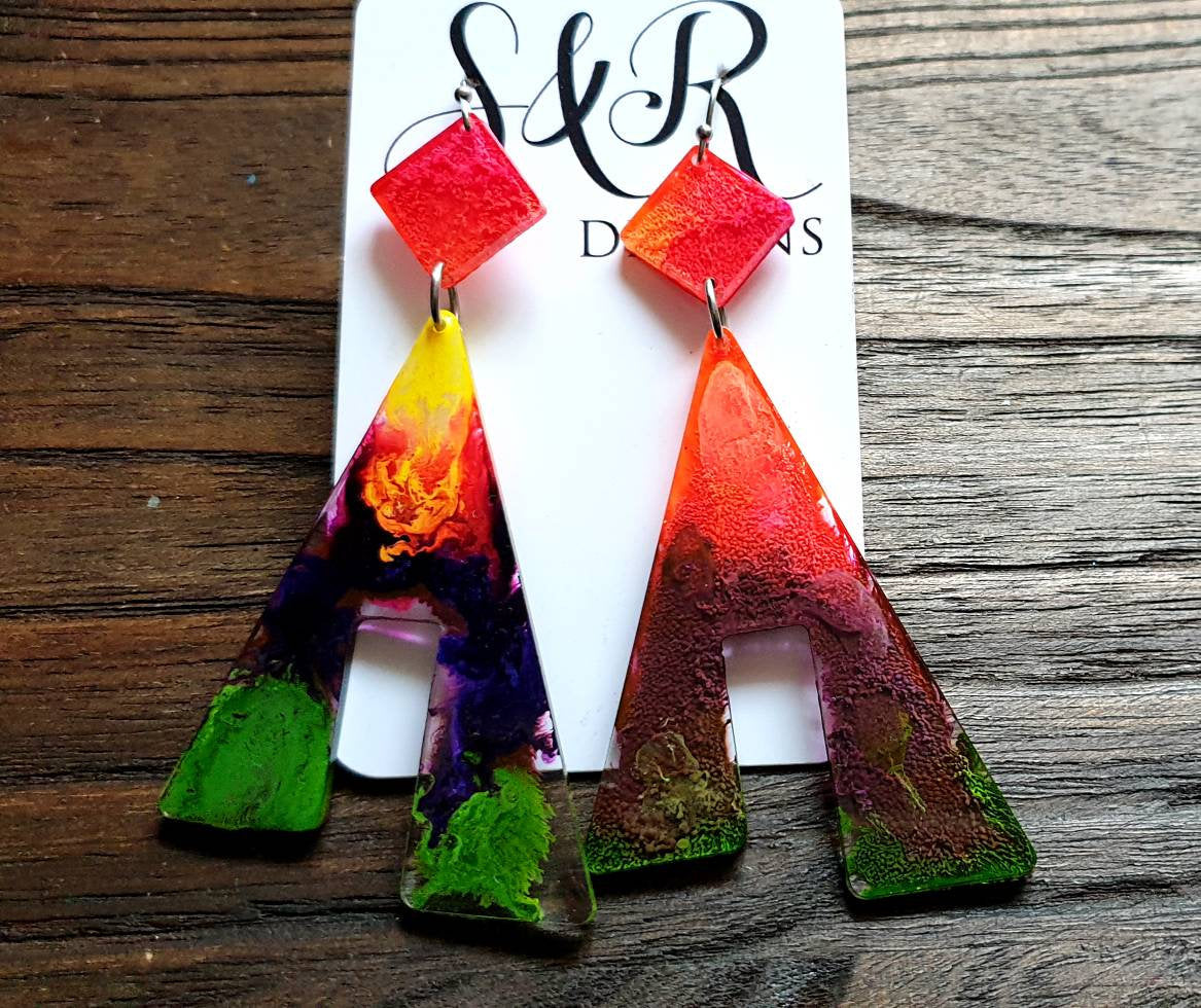 Large Unique Design Long Dangle Earrings, Yellow, Red Purple Green Resin Dangle Statement Earrings