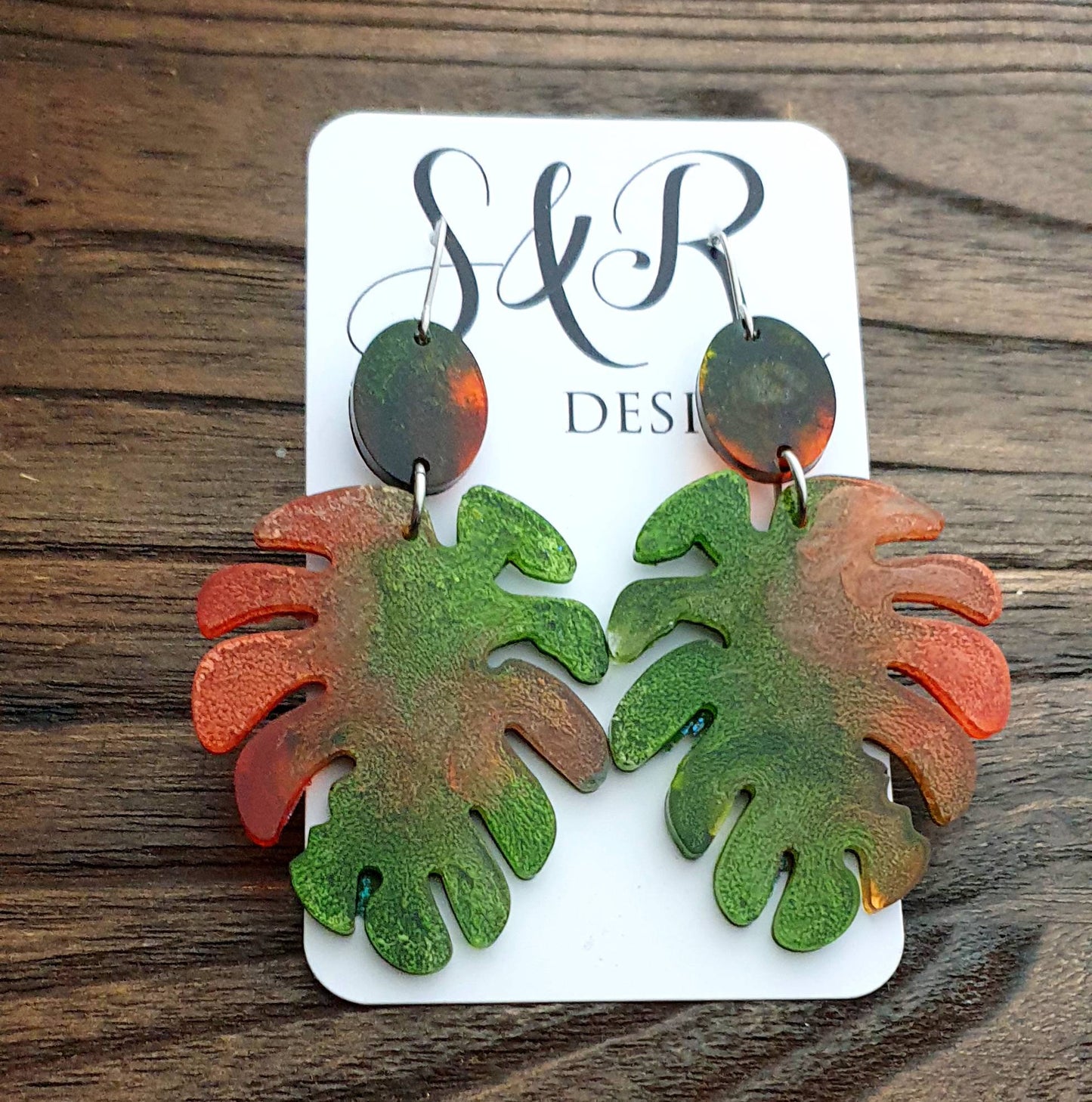 Large Monstera Leaf Long Dangle Earrings, Orange Green Resin Dangle Statement Earrings