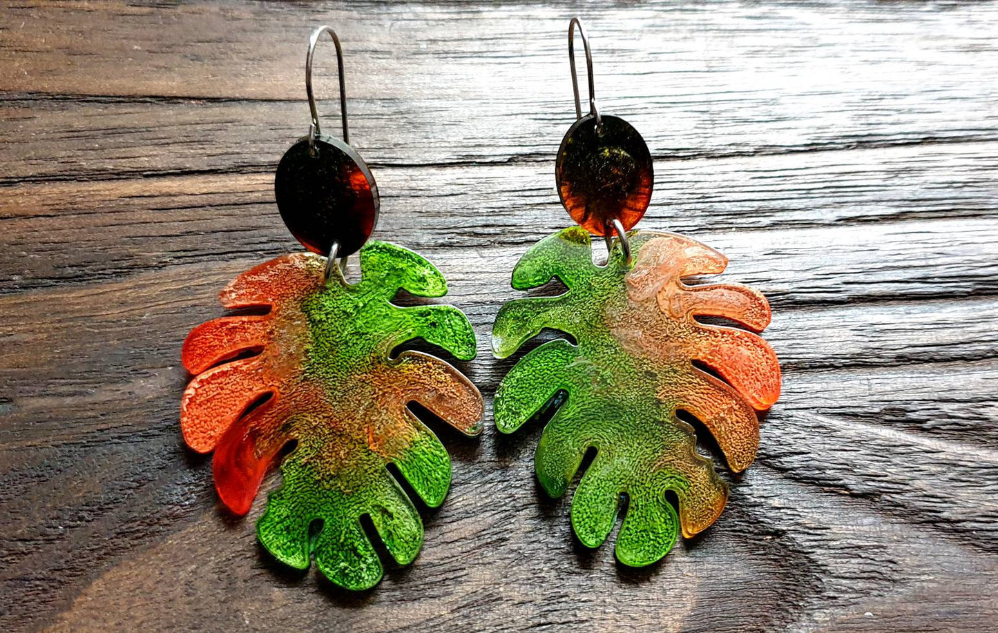 Large Monstera Leaf Long Dangle Earrings, Orange Green Resin Dangle Statement Earrings