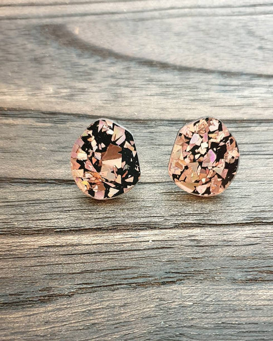 Rose Gold Black Chunky Shards Glitter Pebble Stud Earrings, Acrylic Earrings, Stainless Steel Earrings.