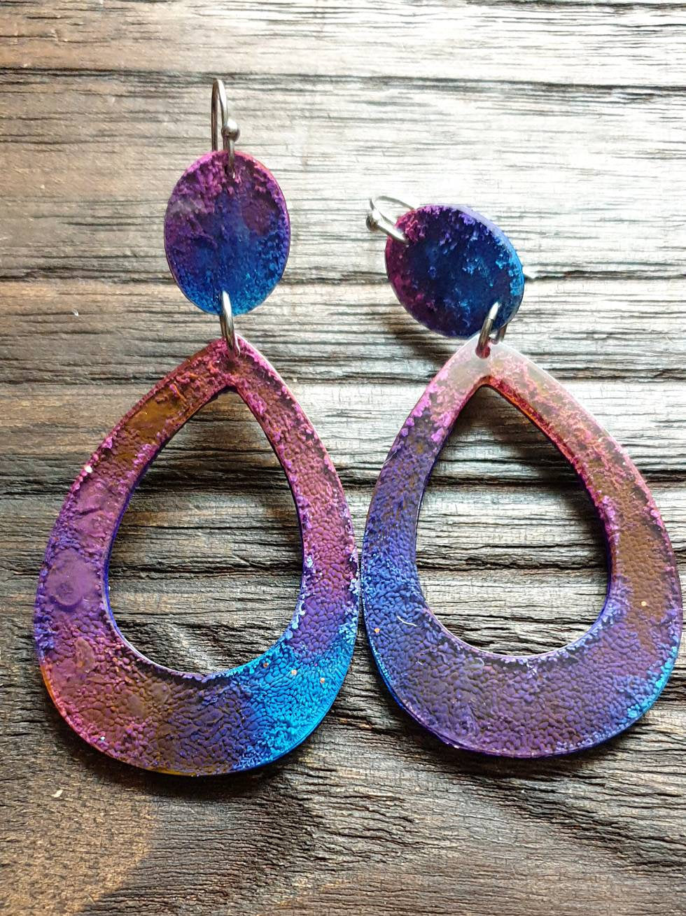Large Teardrop Long Dangle Earrings, Pink Purple Blue Resin Dangle Statement Earrings