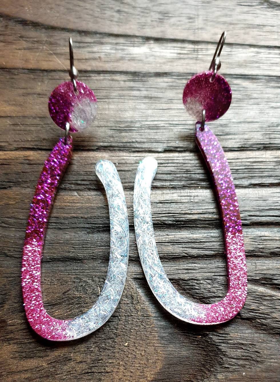 Large Unique Design Long Dangle Earrings, Purple Pink White Glitter Resin Dangle Statement Earrings