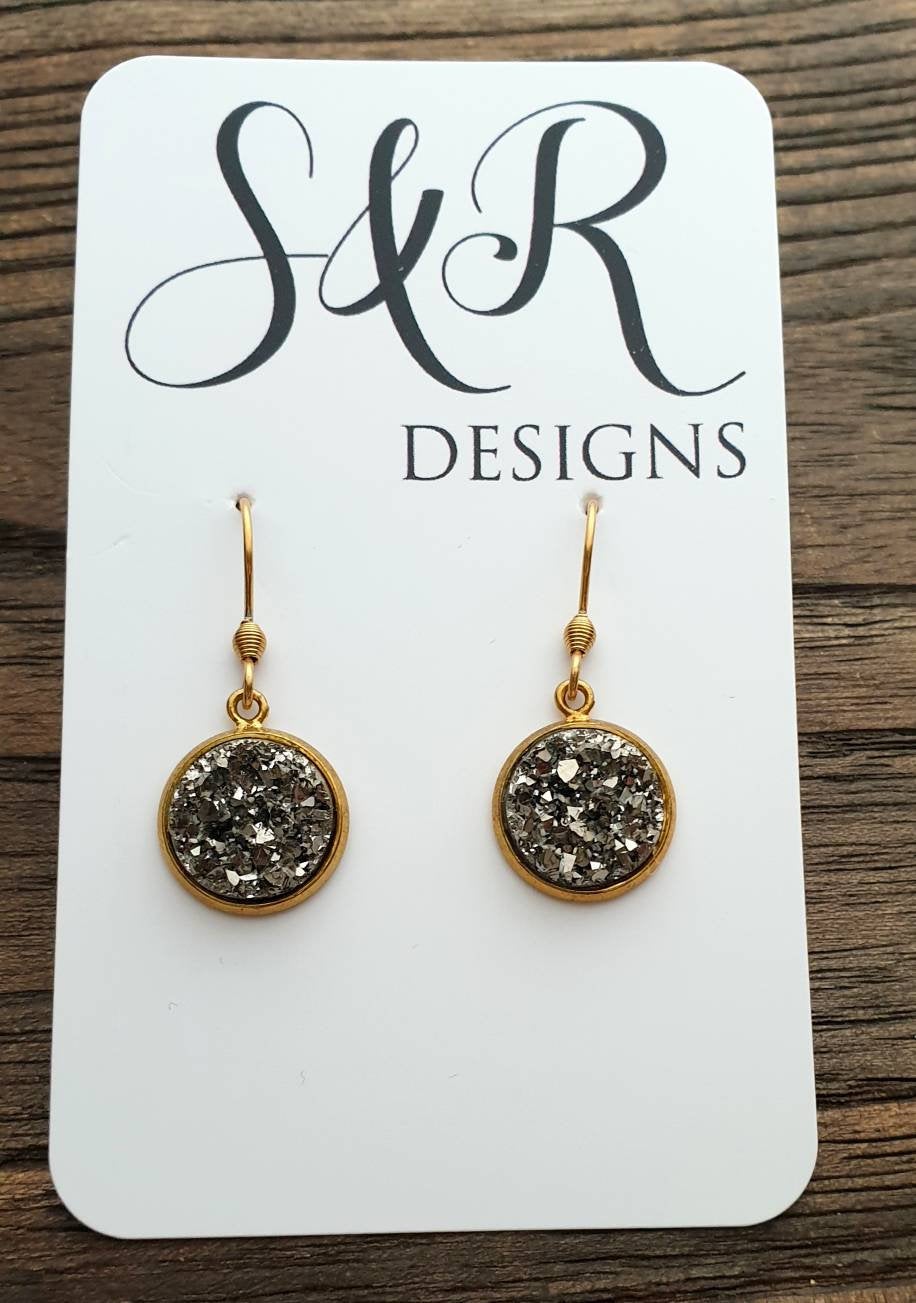 Charcoal Grey Sparkly Faux Druzy Dangle Earrings made of Stainless Steel Gold