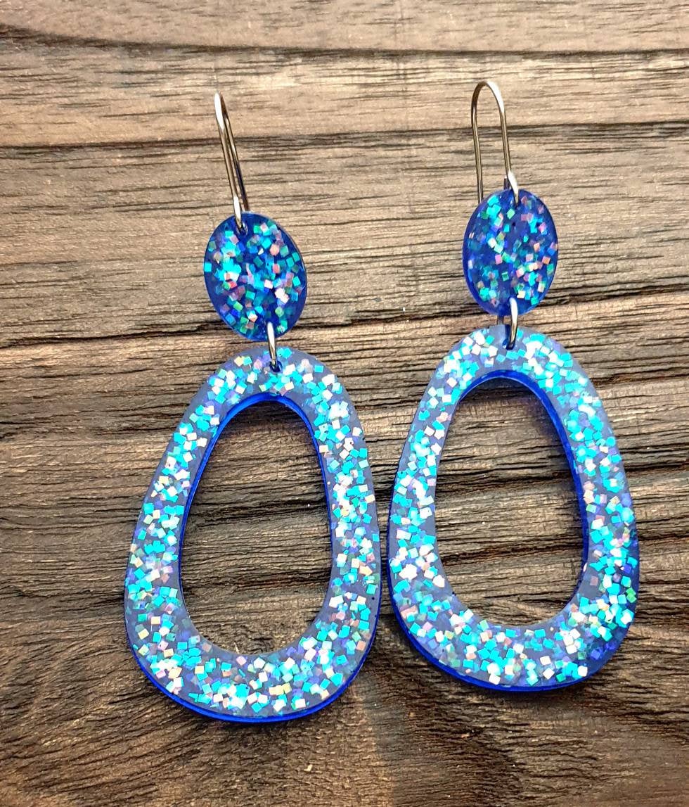 Large Teardrop Long Dangle Earrings, Blue Galaxy Glitter Resin Dangle Statement Earrings