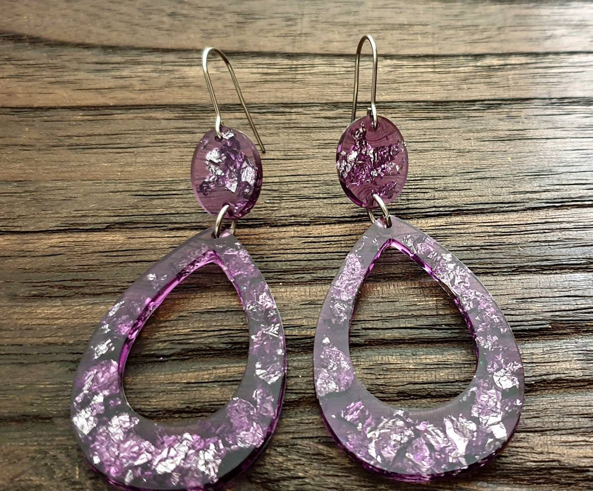 Large Teardrop Long Dangle Earrings, Purple Silver Leaf Resin Dangle Statement Earrings