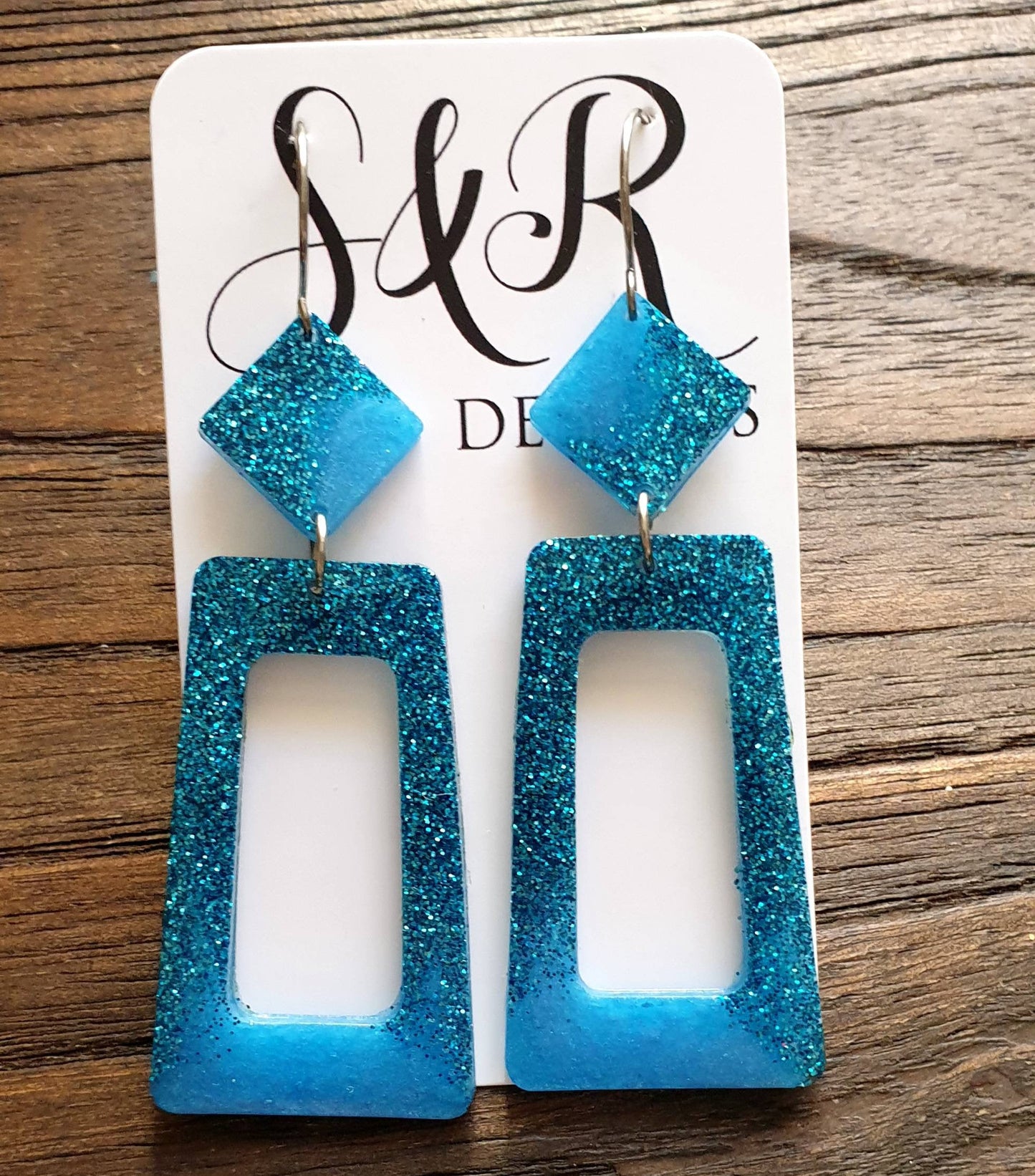 Rectangle Long Dangle Earrings, Two Tone Blue Glitter Resin Dangle Statement Earrings