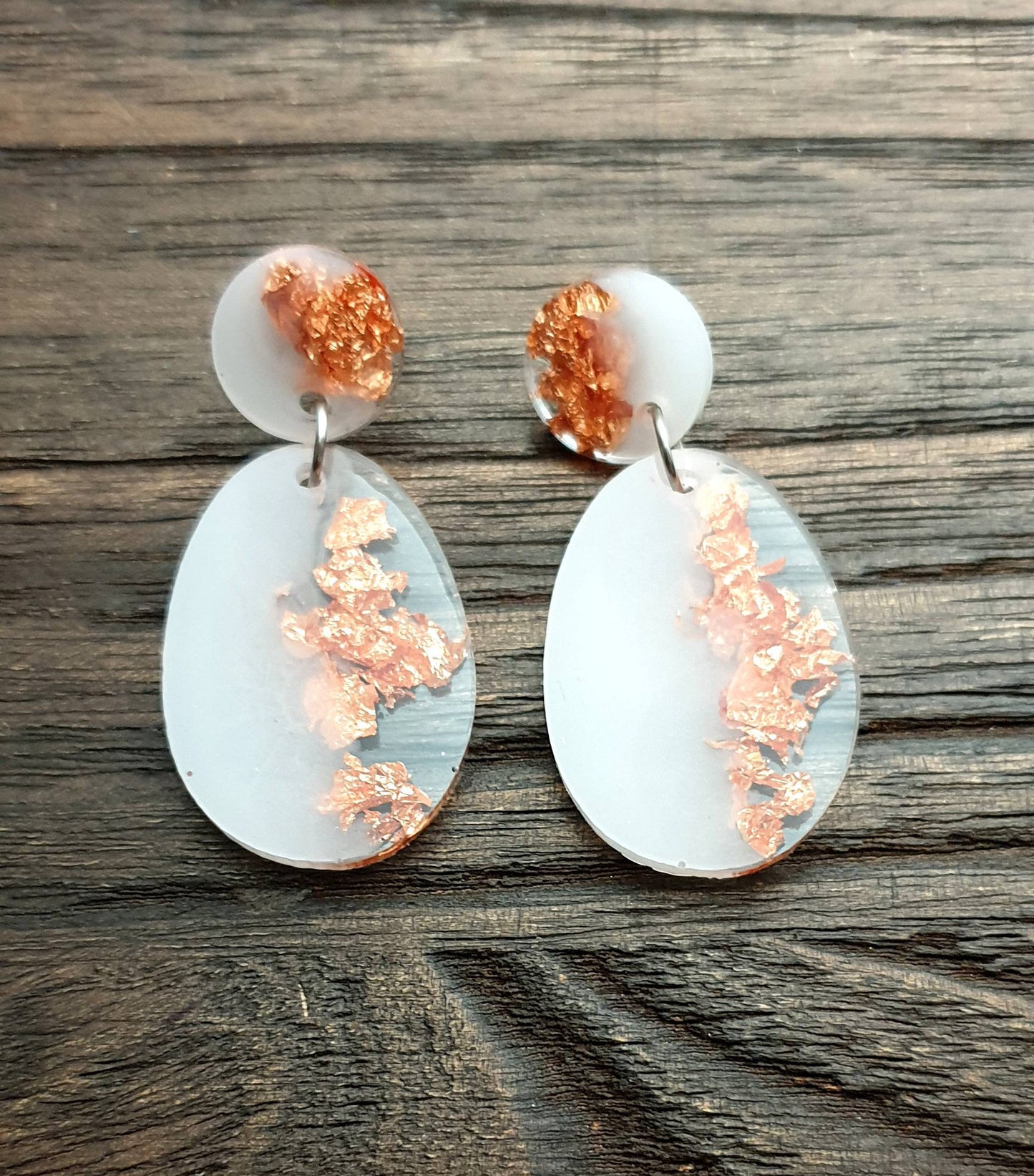 Statement Oval Long Resin Earrings, White Rose Gold Leaf Resin Earrings, Stainless Steel Earrings, Bridesmaid Earrings, Bride Earrings