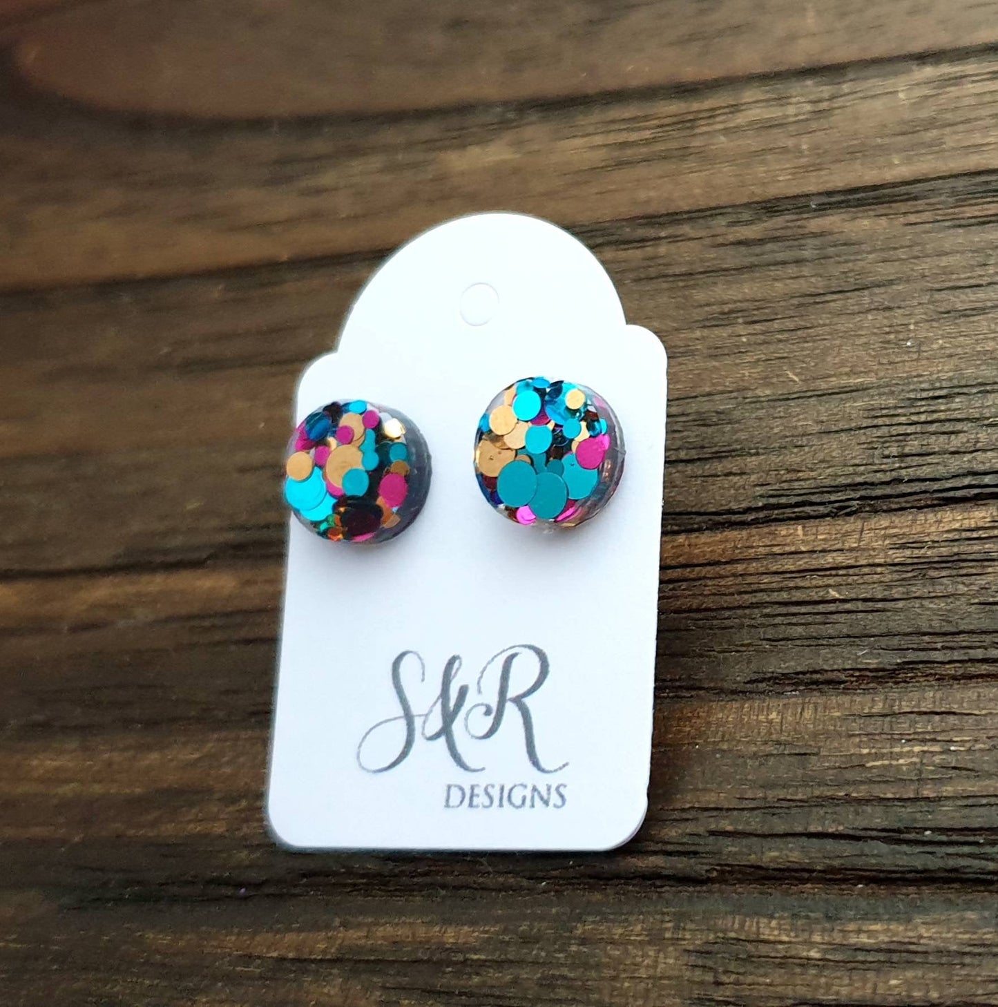 Circle Dot Resin Stud Earrings, Aqua Pink Rose Gold Glitter Earrings. Stainless Steel Stud Earrings. 10mm or 8mm