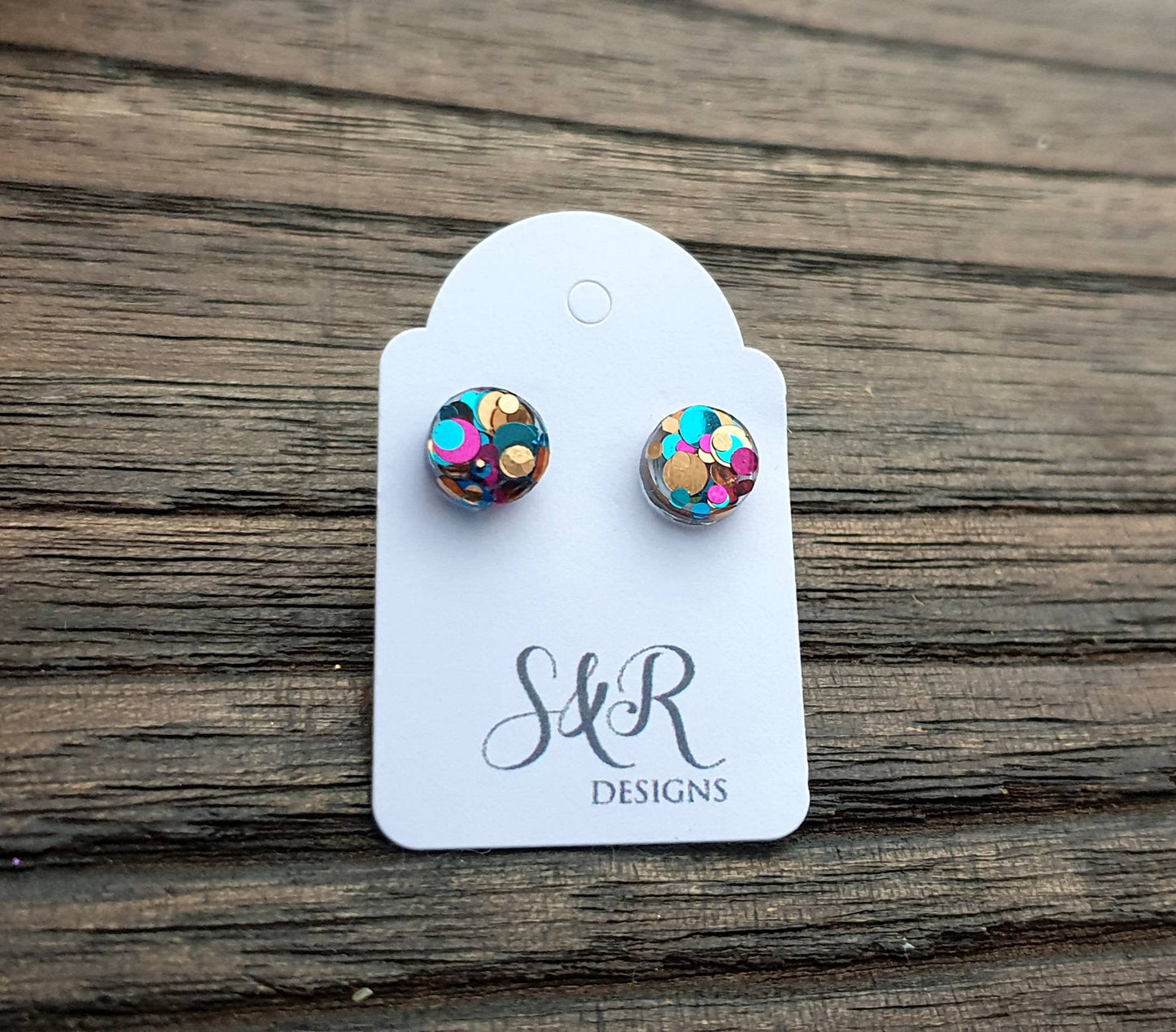 Circle Dot Resin Stud Earrings, Aqua Pink Rose Gold Glitter Earrings. Stainless Steel Stud Earrings. 10mm or 8mm