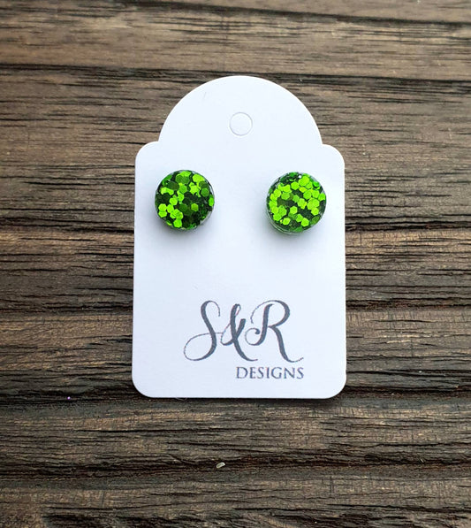 Circle Dot Resin Stud Earrings, Green Glitter Earrings. Stainless Steel Stud Earrings. 10mm or 8mm