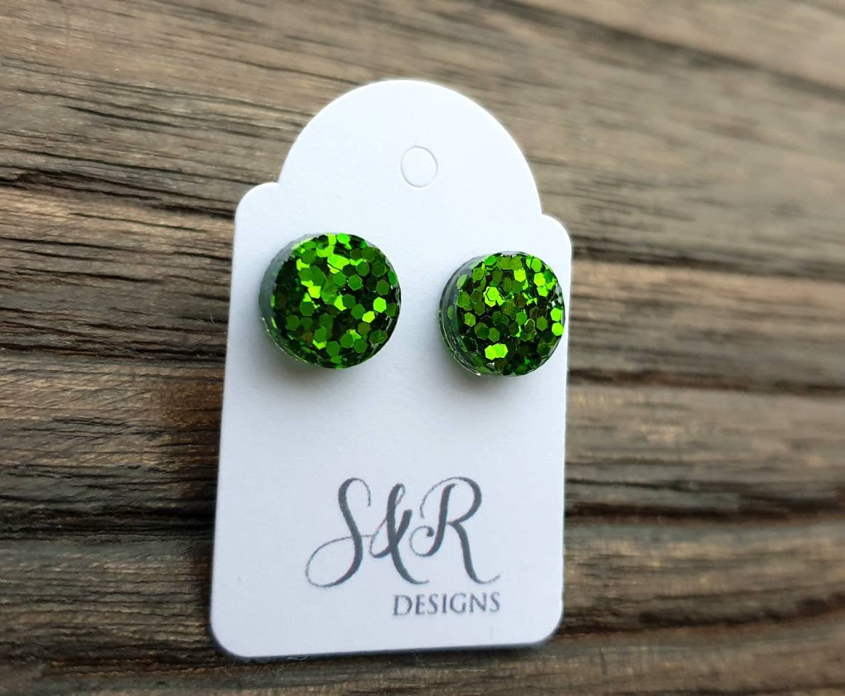 Circle Dot Resin Stud Earrings, Green Glitter Earrings. Stainless Steel Stud Earrings. 10mm or 8mm