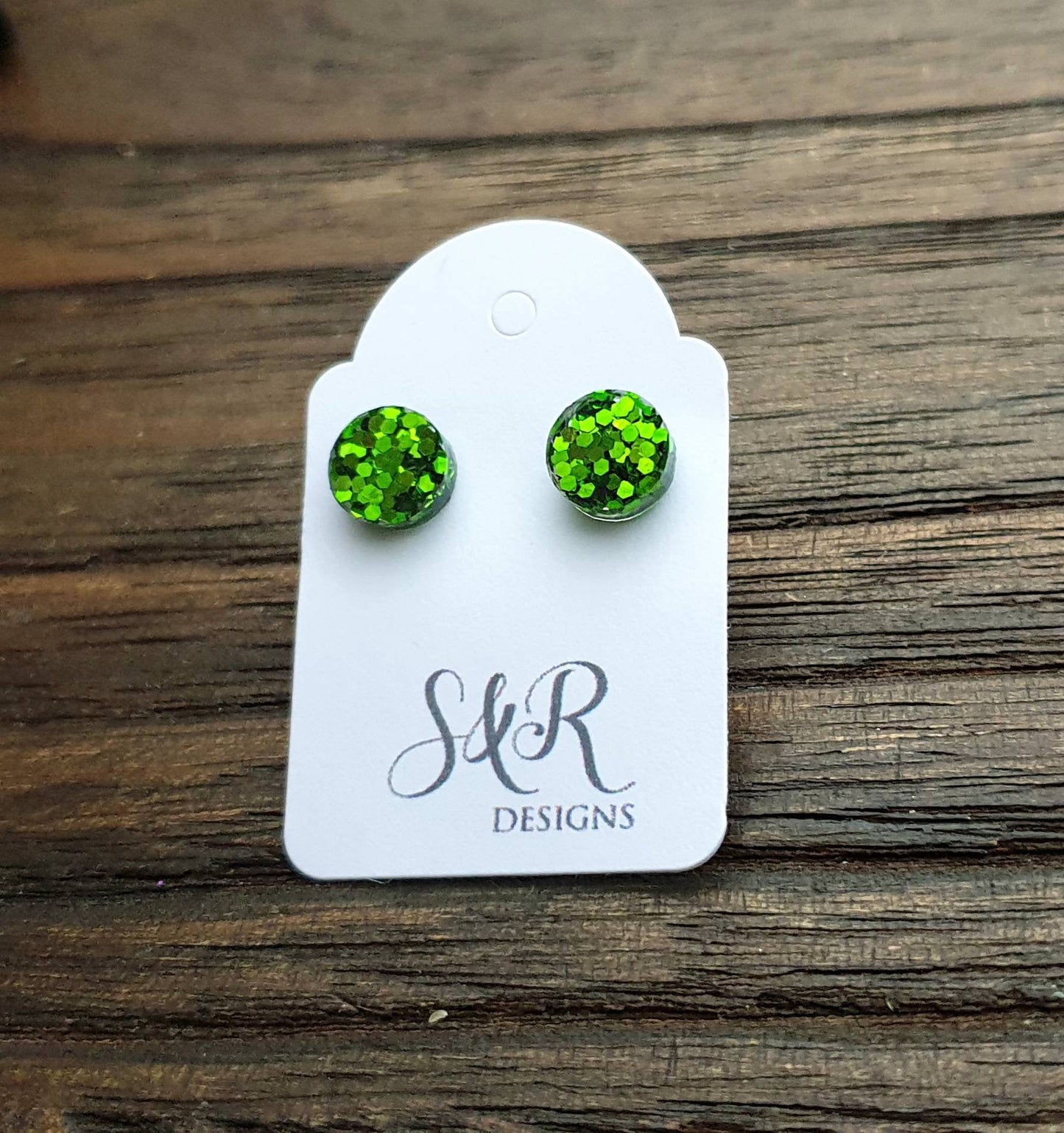 Circle Dot Resin Stud Earrings, Green Glitter Earrings. Stainless Steel Stud Earrings. 10mm or 8mm