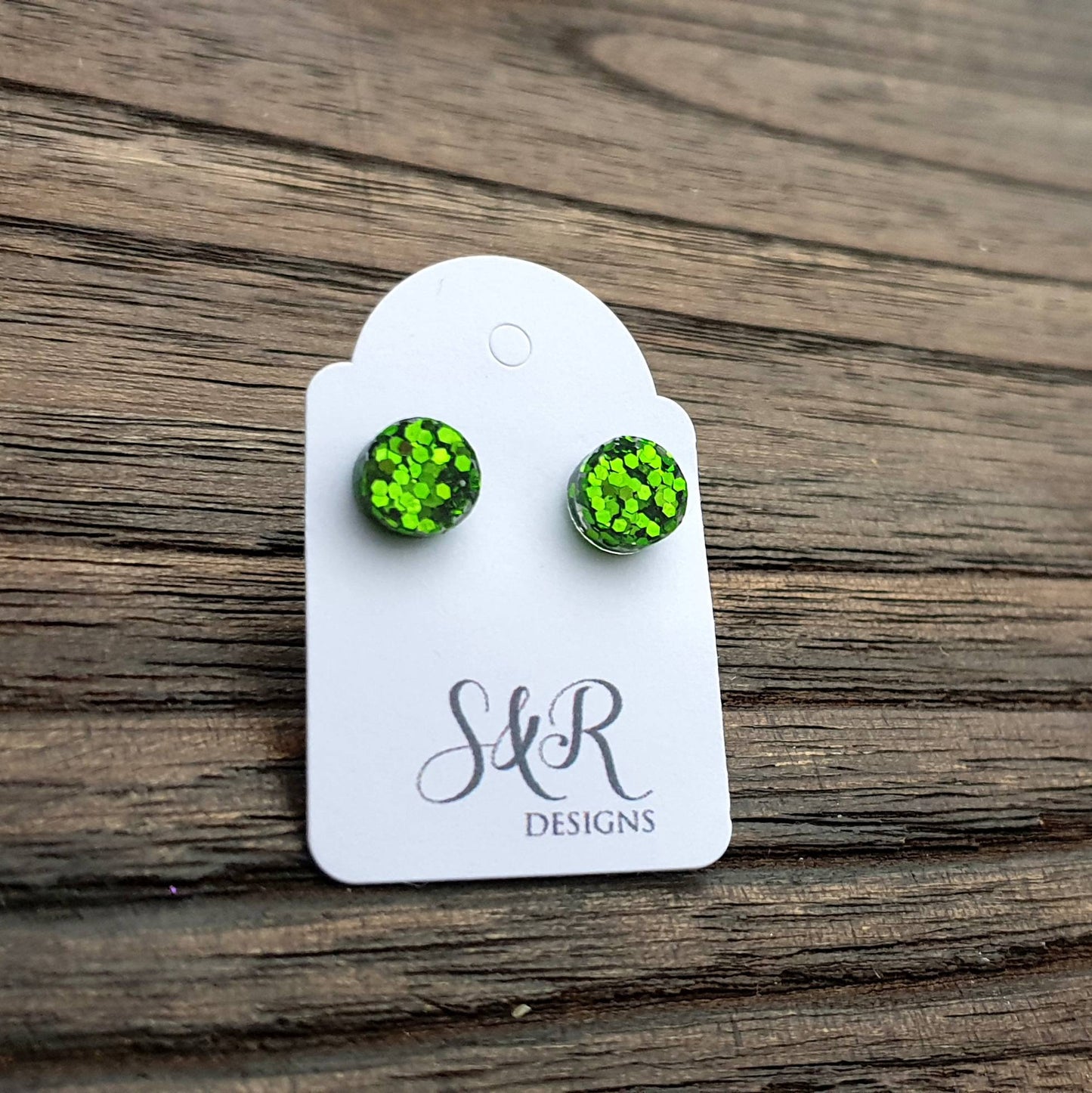 Circle Dot Resin Stud Earrings, Green Glitter Earrings. Stainless Steel Stud Earrings. 10mm or 8mm