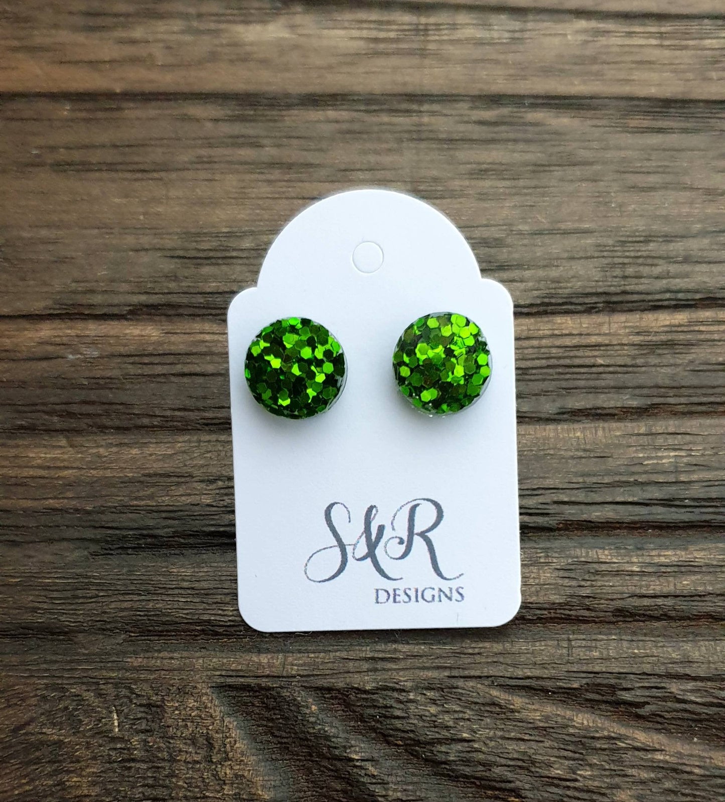 Circle Dot Resin Stud Earrings, Green Glitter Earrings. Stainless Steel Stud Earrings. 10mm or 8mm