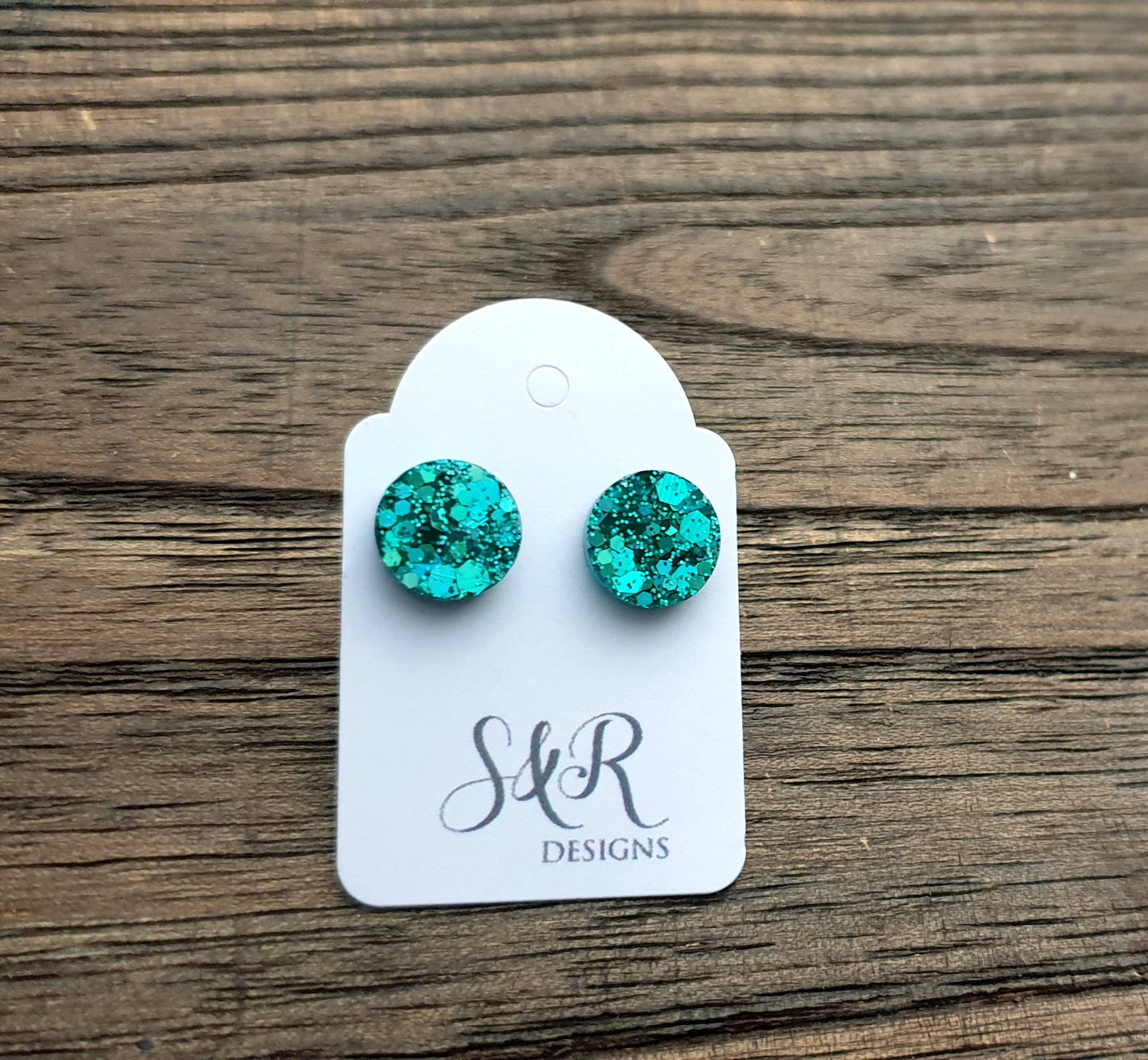 Circle Dot Resin Stud Earrings, Teal Glitter Earrings. Stainless Steel Stud Earrings. 10mm or 8mm