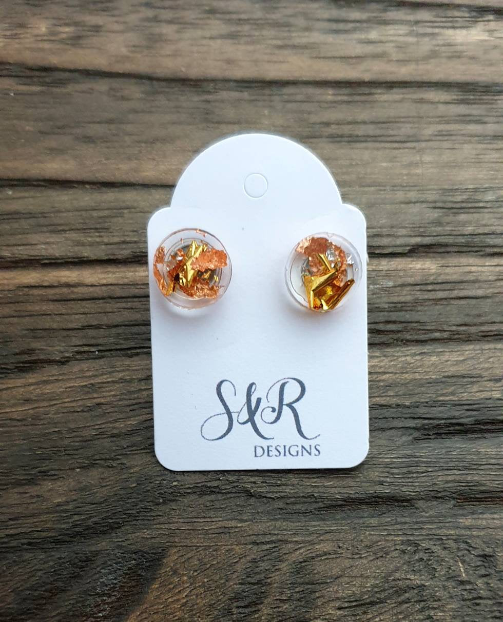 Circle Dot Resin Stud Earrings, Gold Rosegold Leaf Earrings. Stainless Steel Stud Earrings. 10mm