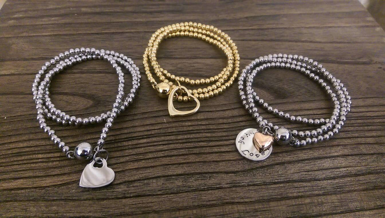 Personalised hand stamped triple wrap ball bracelet with silver personalised charms. Choose colour. - Silver and Resin Designs