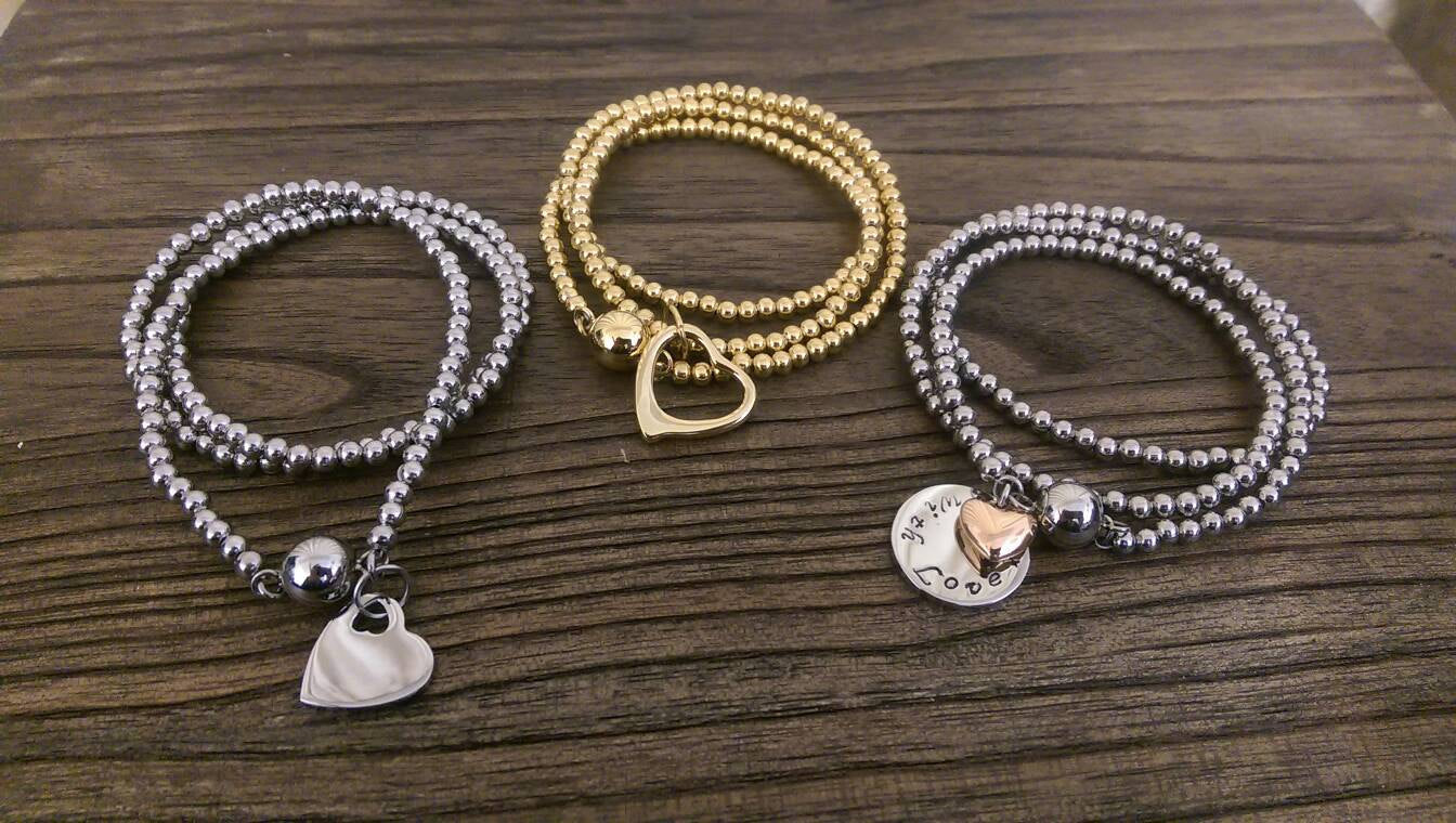 Personalised Bracelet, Stainless Steel personalised hand stamped Triple wrap ball bracelet with silver personalised charms. Choose colour.